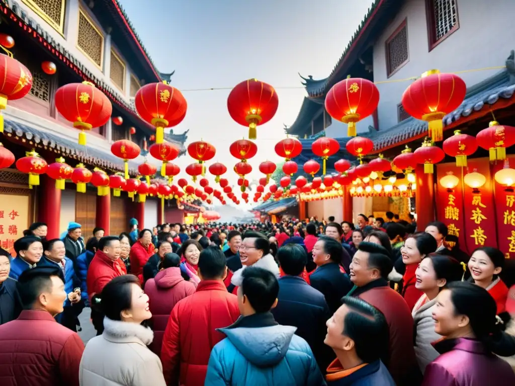 Vibrante celebración del Año Nuevo Lunar en una bulliciosa calle de China, con linternas rojas y danzas de dragones