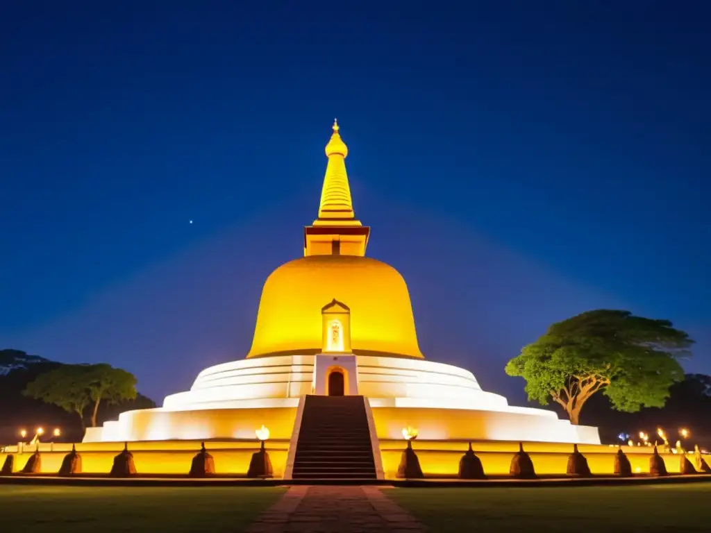 Vibrante celebración del Festival Vesak Sri Lanka en la antigua estupa Ruwanwelisaya, iluminada por linternas y llena de adoradores