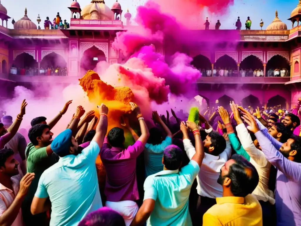 Una vibrante celebración del Festival Holi en la India, con colores dinámicos y una mezcla de tradiciones y vestimenta contemporánea