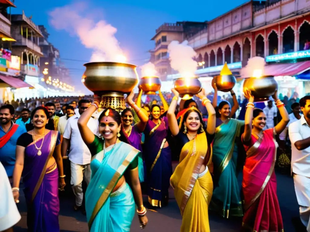 Vibrante celebración del Festival Navaratri en India, con coloridas luces y personas disfrutando de tradiciones culturales