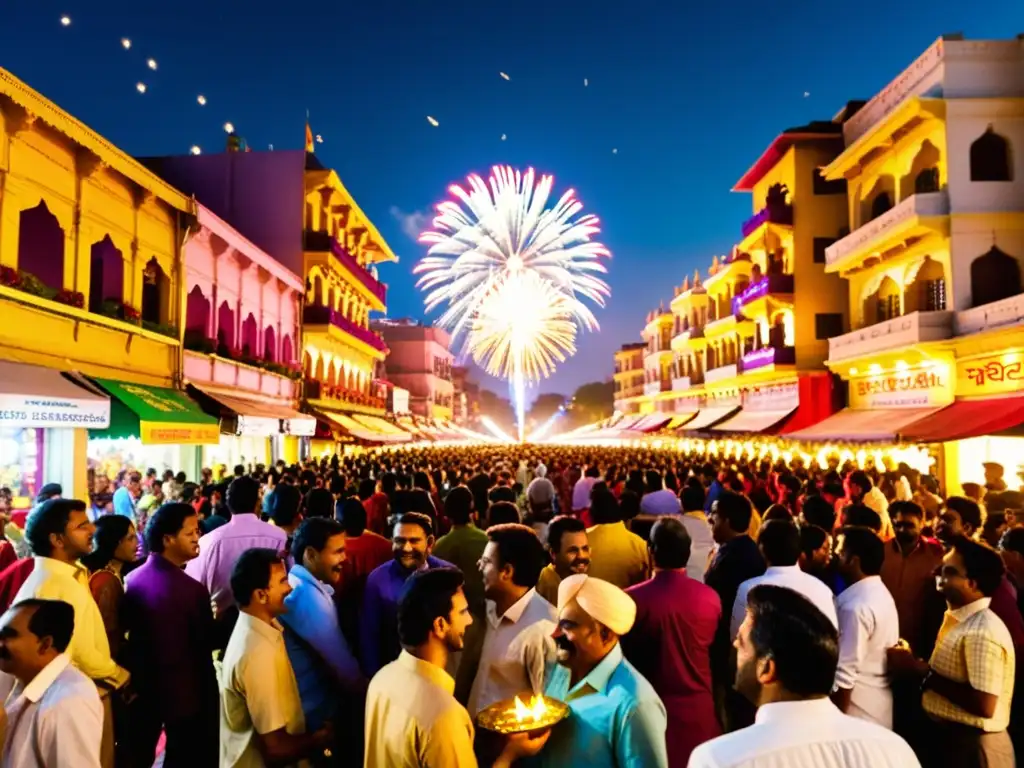 Una vibrante celebración de Diwali en India, con luces de aceite y fuegos artificiales iluminando la noche