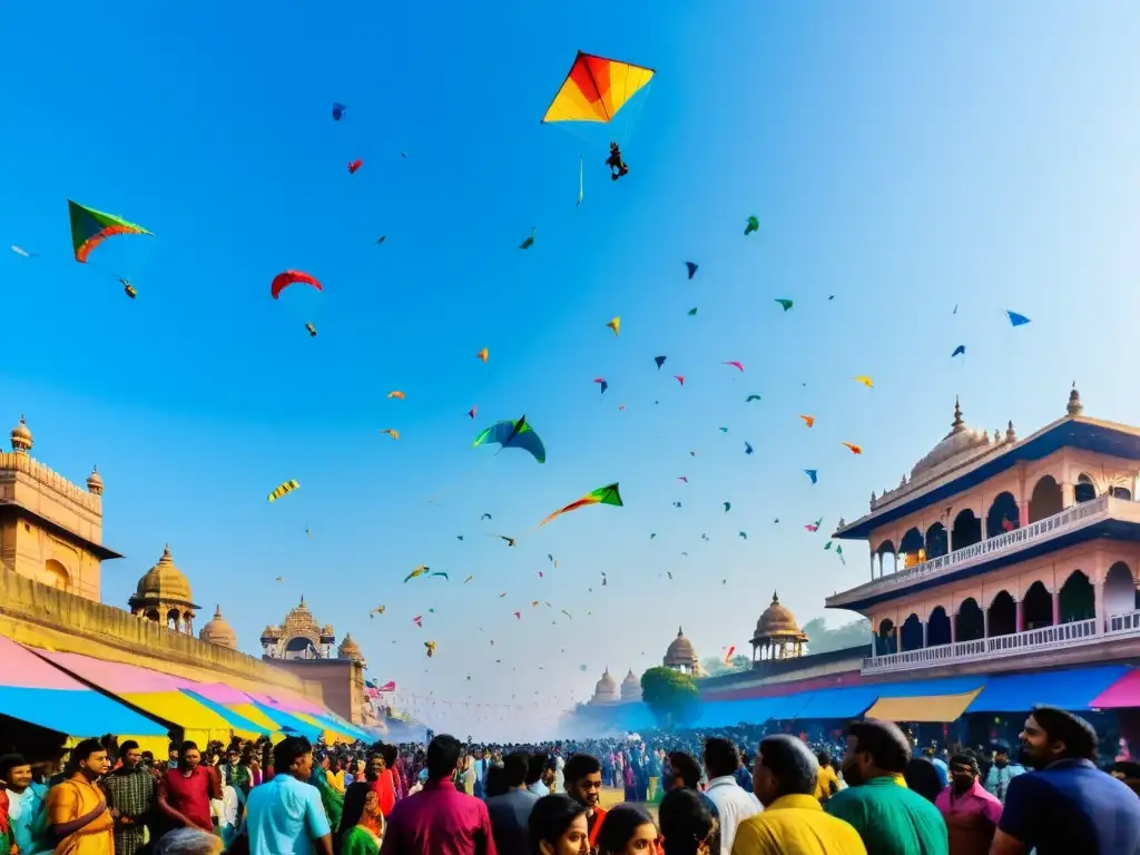 Vibrante celebración del Makar Sankranti en India con coloridos cometas en el cielo y arquitectura tradicional