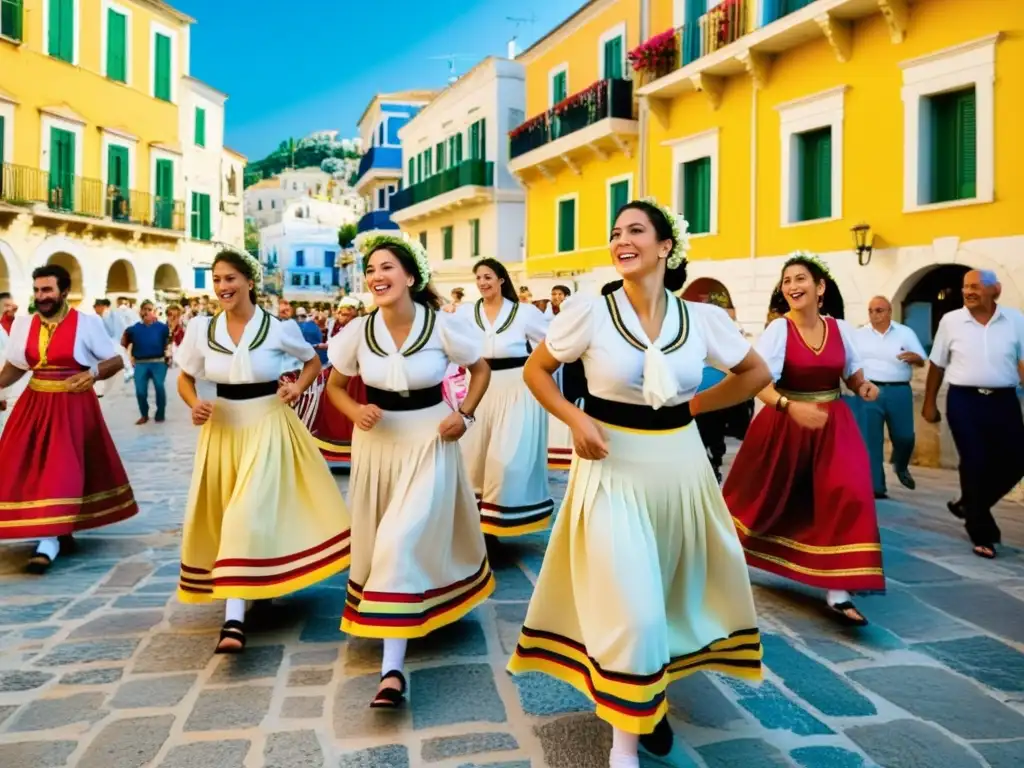 Una vibrante celebración de tradiciones en las Islas Griegas: baile tradicional griego en las calles de Corfú, con coloridos trajes y música alegre