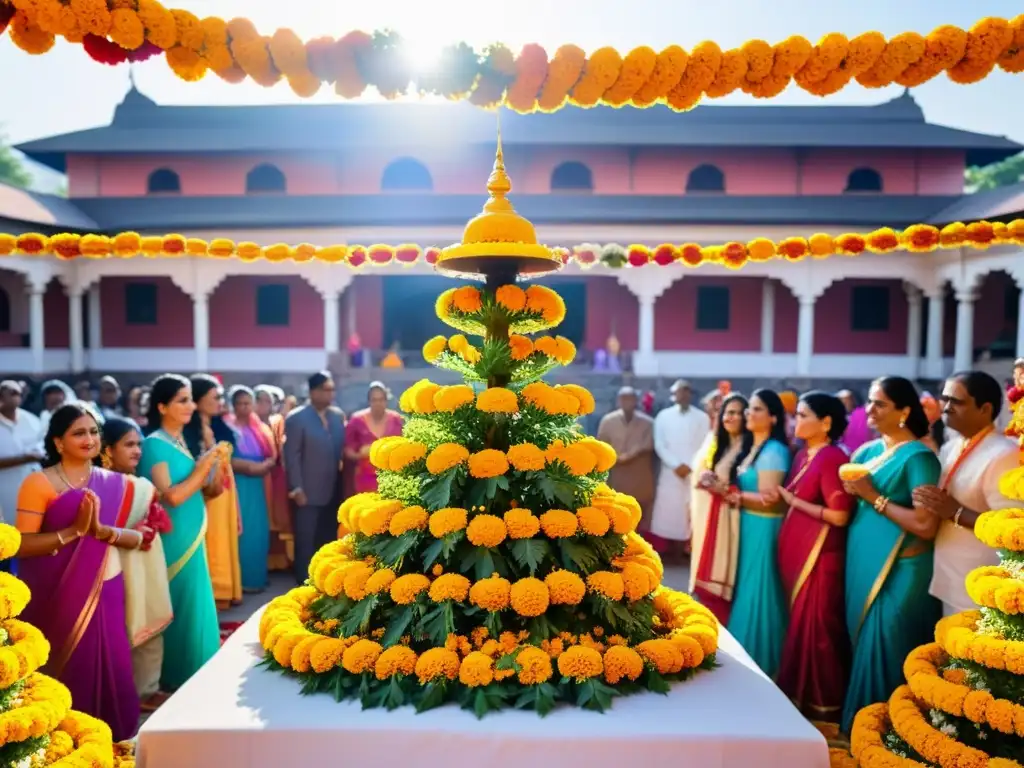 Vibrante ceremonia de adoración del Tulsi, reflejando la historia de amor y tradición, en un bullicioso templo adornado con guirnaldas de cempasúchil