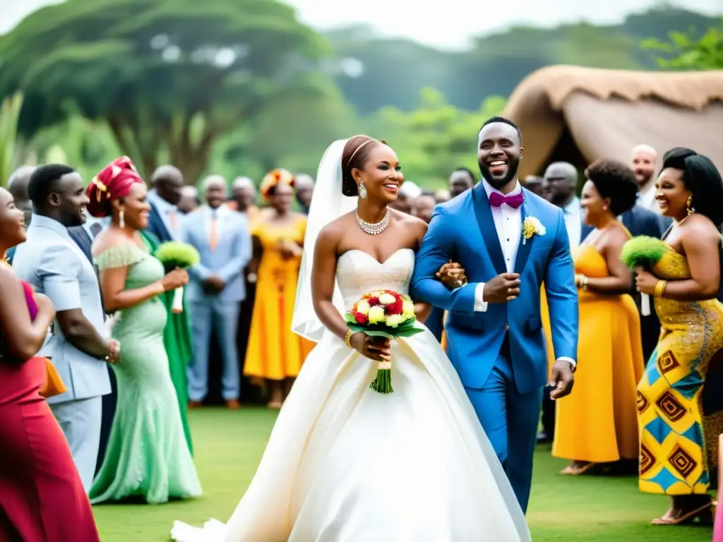 Boda tradicional africana: colorida celebración francófona Una vibrante ceremonia de boda africana francófona con trajes tradicionales y una animada celebración al aire libre