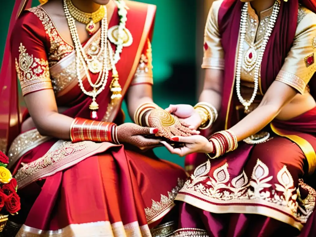 Una vibrante ceremonia de boda hindú en la India, con adornos tradicionales y diseños de henna