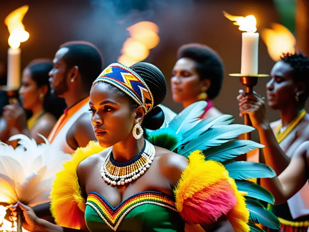 Una vibrante ceremonia de Candomblé en Brasil, con movimientos rítmicos, atuendos coloridos, velas y tambores