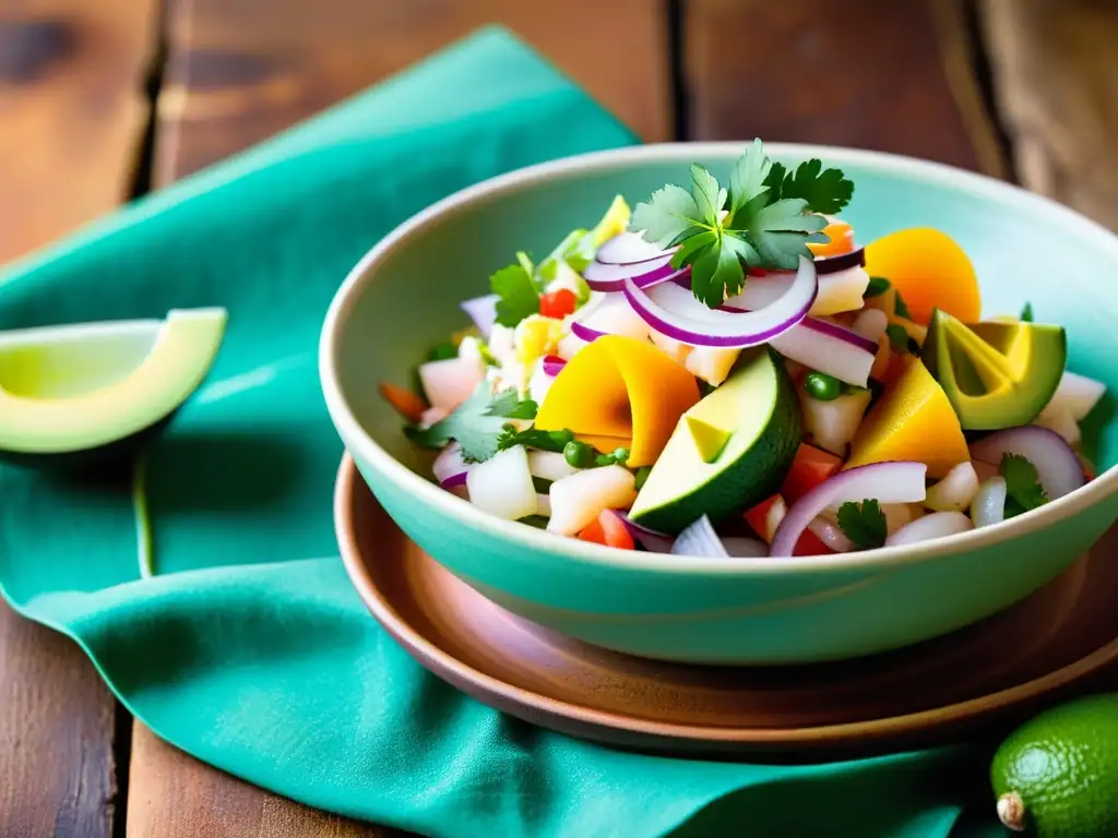 Vibrante ceviche peruano servido en plato de cerámica, con decoración colorida y estética en la presentación de platos