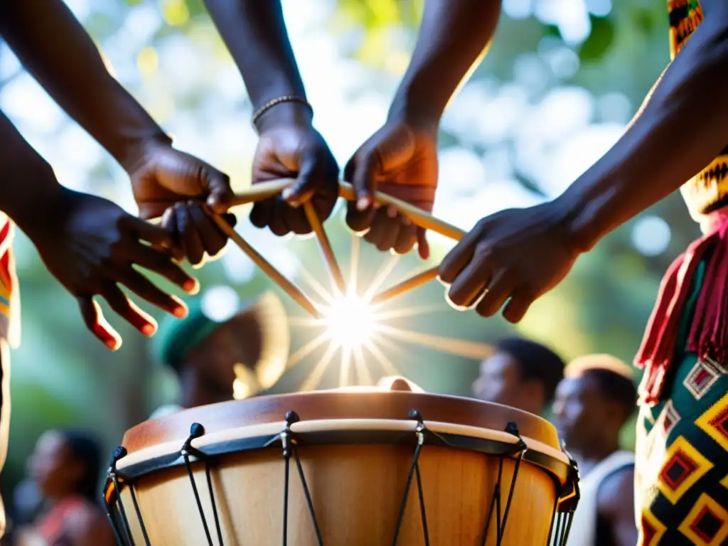 Un vibrante círculo de tambores africanos, rodeado de personas diversas, explorando música y danza africana