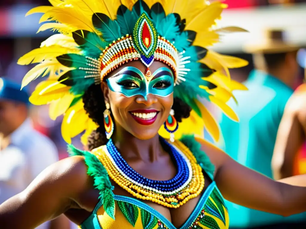 Vibrante close-up de bailarina de samba en el Carnaval de Río, con detalles deslumbrantes y espectadores disfrutando de vivencias únicas