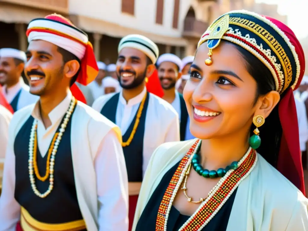 Vibrante celebración de AlHijra en Yemen, con coloridas decoraciones, trajes tradicionales y expresiones de alegría