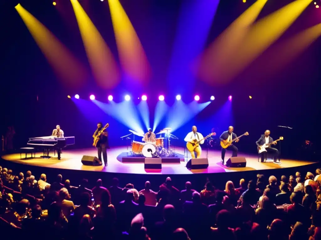 Un vibrante concierto en el Festival de Jazz Montreux multicultural: músicos de diversas culturas en escena, luces cálidas y un público diverso disfrutando