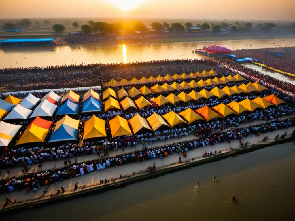 Una vibrante congregación espiritual en el festival Kumbh Mela, India, junto al río Ganges, con tiendas coloridas y devotos