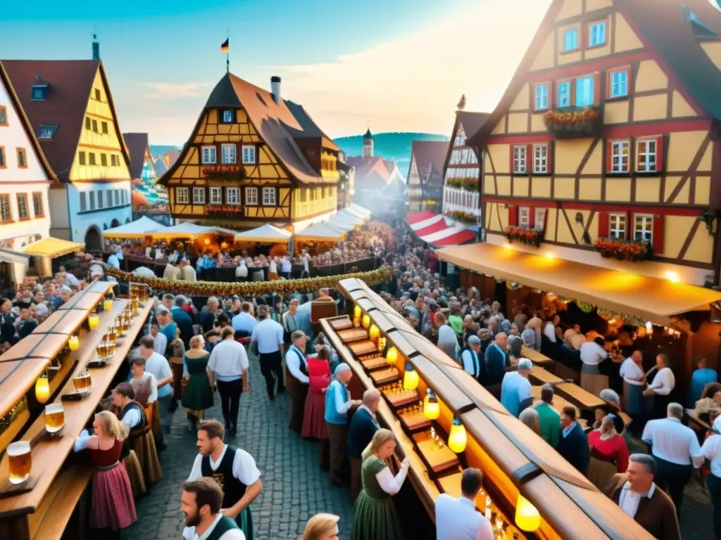 Vibrante cultura cervecera y festivales en Alemania: escena animada de festival de cerveza tradicional con gente vestida de Baviera y mesas de madera repletas de asistentes