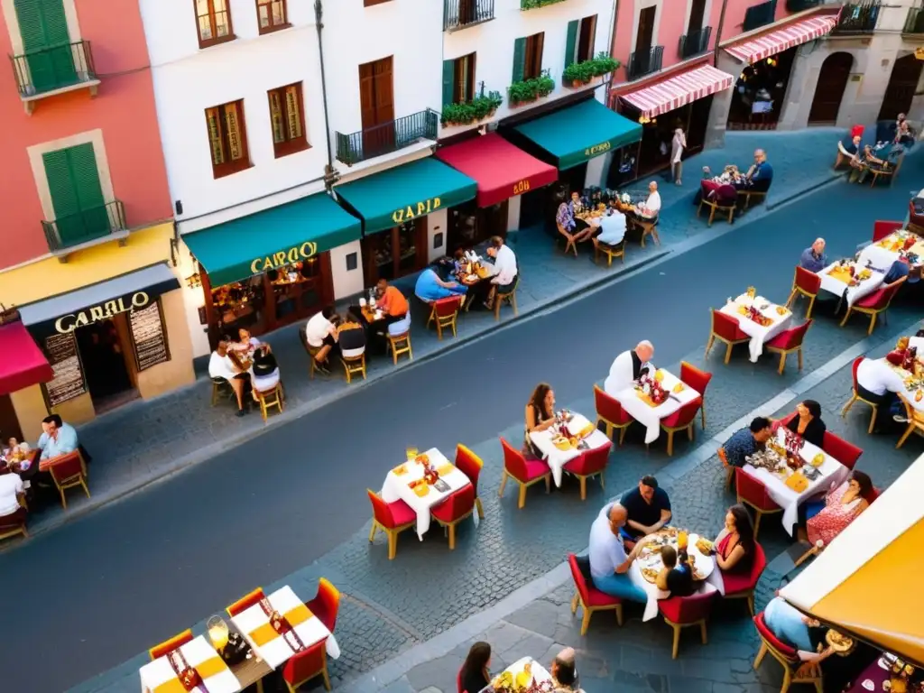 Vibrante cultura del tapeo en España: bulliciosa calle empedrada, bares al aire libre, turistas y lugareños disfrutando la atmósfera animada