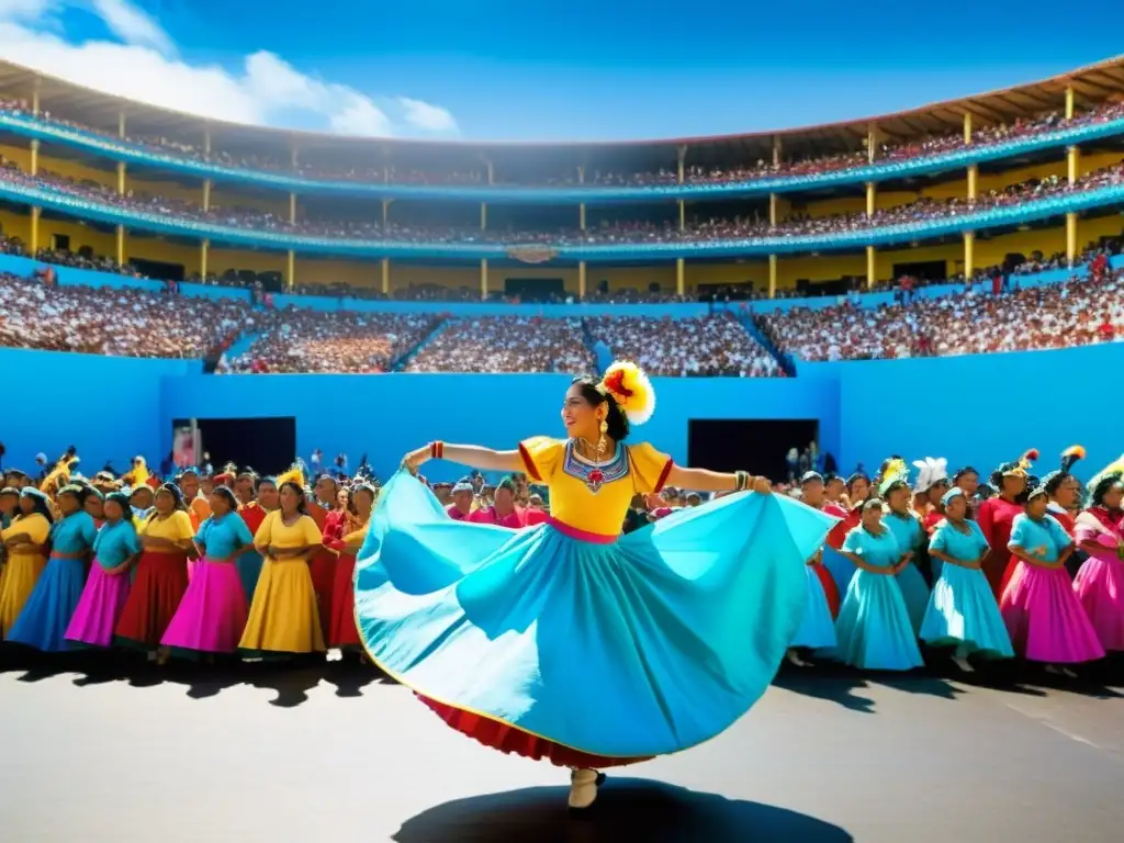 Vibrante celebración cultural en Oaxaca Guelaguetza con danzas tradicionales y espectadores emocionados