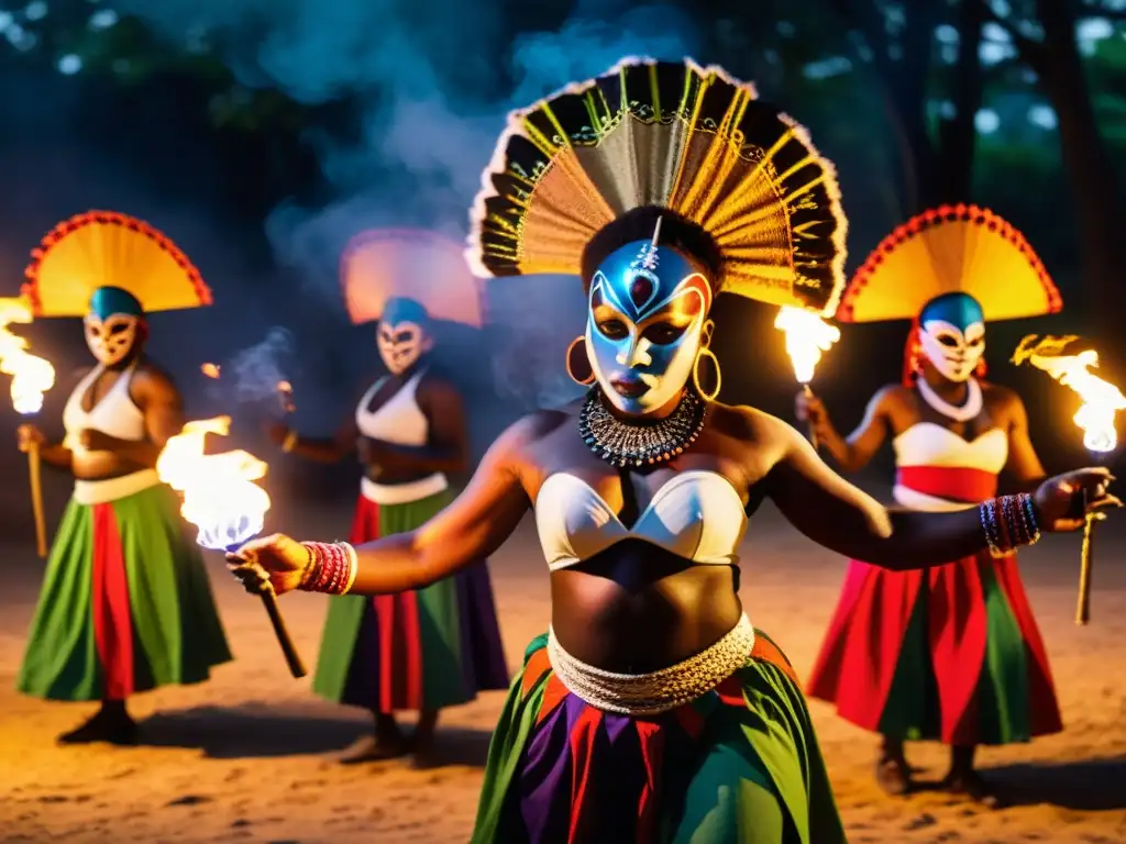 Vibrante Danza del Vudú en Haití: bailarines con trajes y máscaras tradicionales, movimientos capturados en un claro iluminado por antorchas