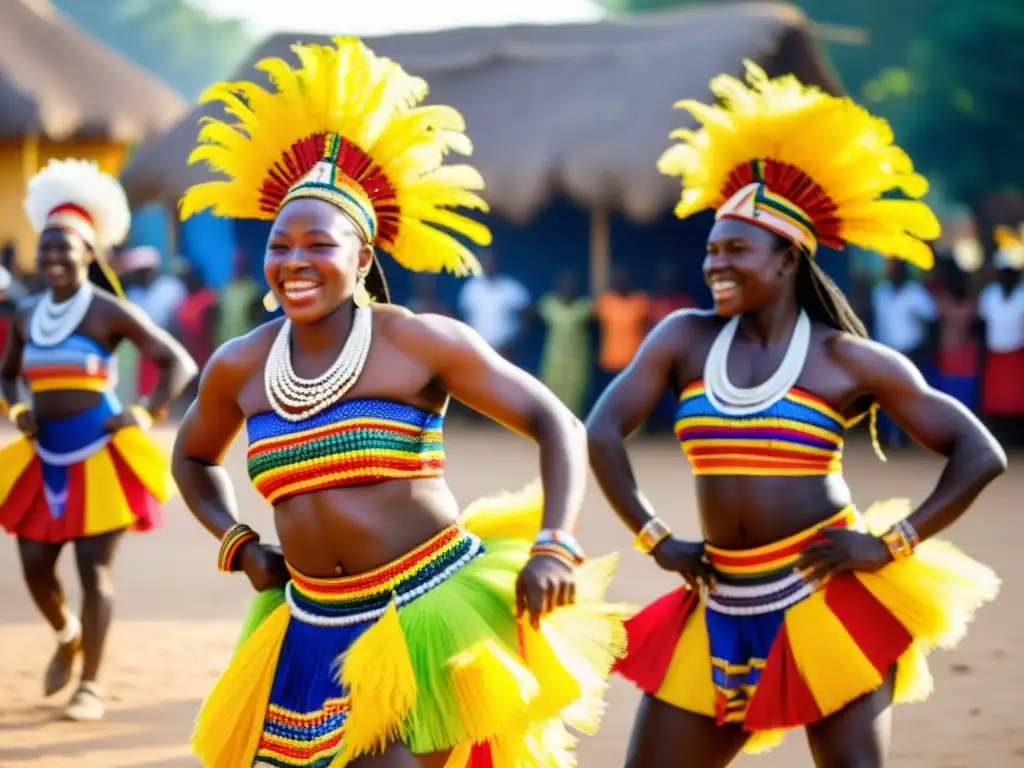 Vibrante danza en las Celebraciones Tradicionales: coloridos trajes, movimiento y alegría en una plaza africana soleada