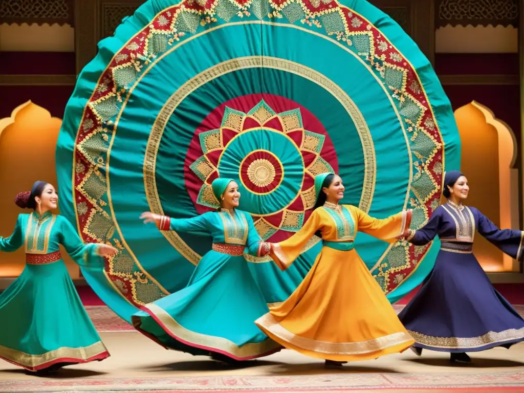 Vibrante danza tradicional islámica en celebración, con música y coloridos atuendos