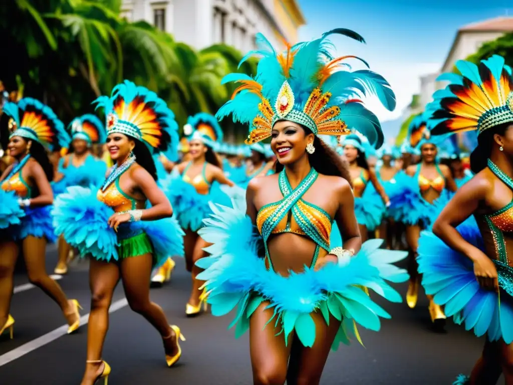 Vibrante desfile de bailarines de samba en el Carnaval de Río, vivencias únicas en el Carnaval de Río