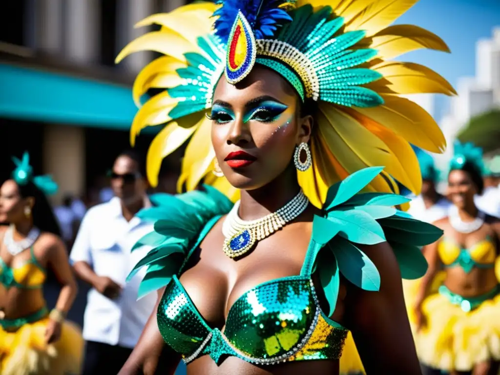 Vibrante desfile de bailarines de samba en el Carnaval de Río, con trajes elaborados y colores vivos