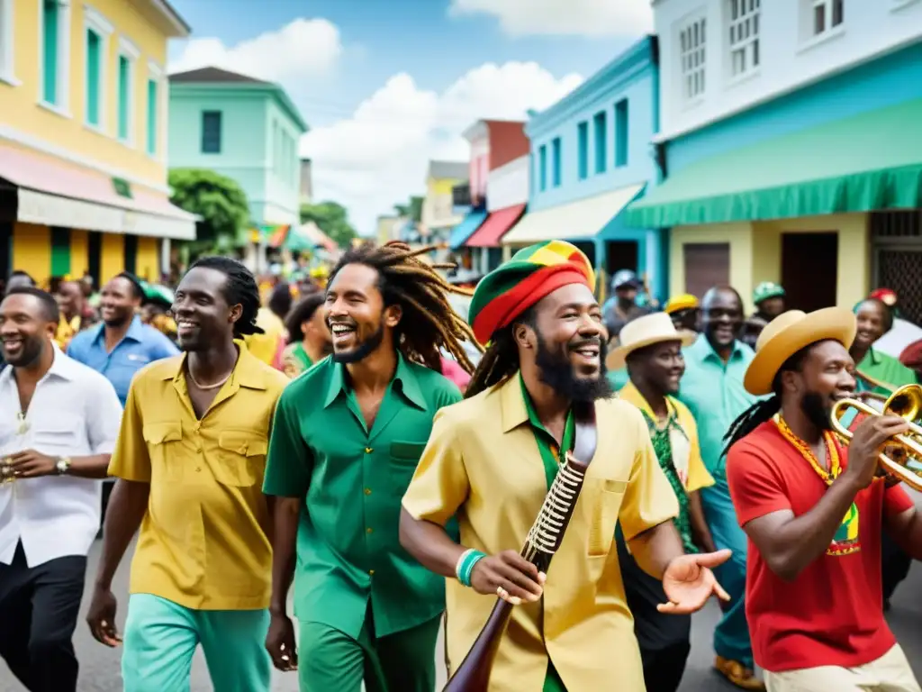 Un vibrante desfile callejero en Kingston, Jamaica, muestra músicos rastafaris tocando reggae