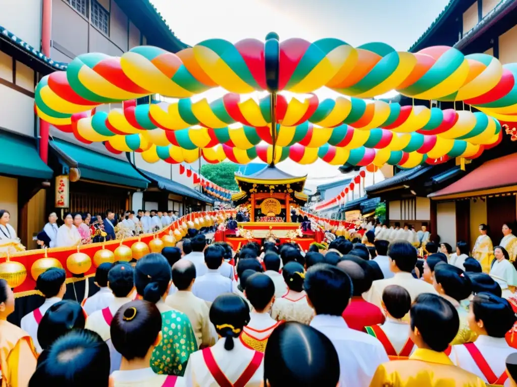 Un vibrante desfile de carros alegóricos del Festival Sumiyoshi Matsuri en Osaka, con detalles coloridos y participantes vestidos con trajes tradicionales