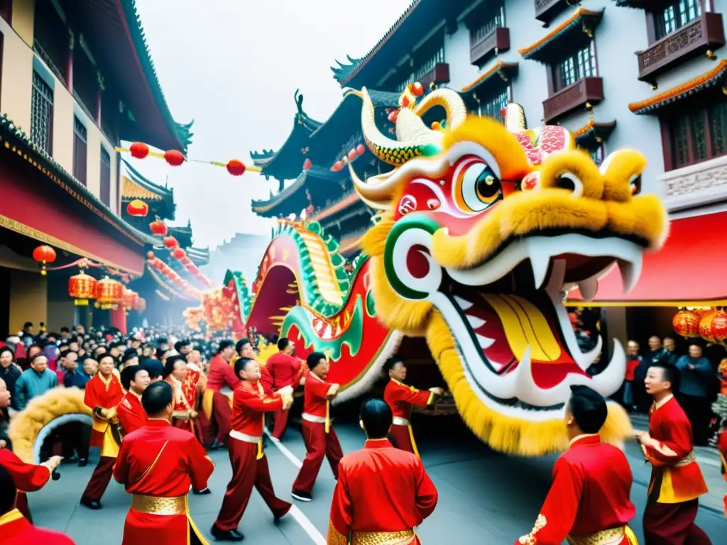 Un vibrante desfile de dragones chinos durante el Festival del Año Nuevo, celebrando la diversidad cultural y la festividad