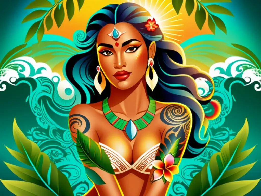 Una ilustración vibrante y detallada de una diosa polinesia con motivos tradicionales, rodeada de exuberante vegetación tropical y olas brillantes