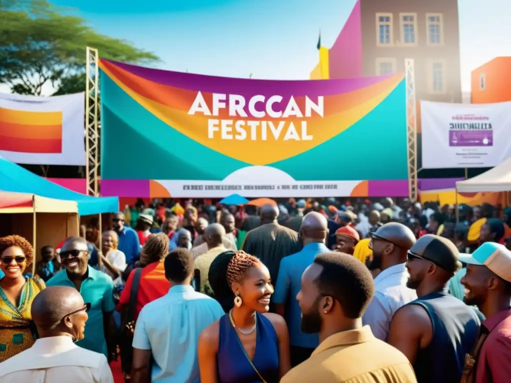 Una vibrante escena del bullicioso festival de cine en una ciudad africana francófona, con asistentes diversos y una atmósfera cultural llena de vida