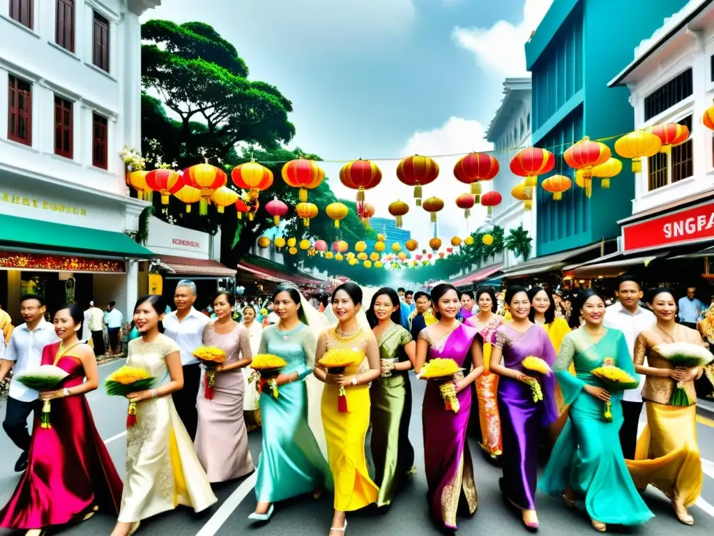 Vibrante escena callejera de bodas singapurenses, reflejando la diversidad cultural global con coloridos desfiles y tradiciones de distintas culturas