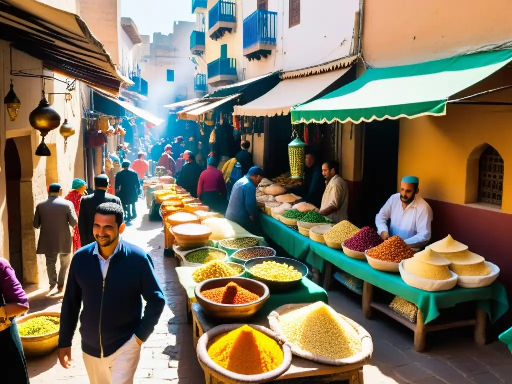 Vibrante escena callejera en Fez, Marruecos, con coloridos puestos de mercado y delicias tradicionales