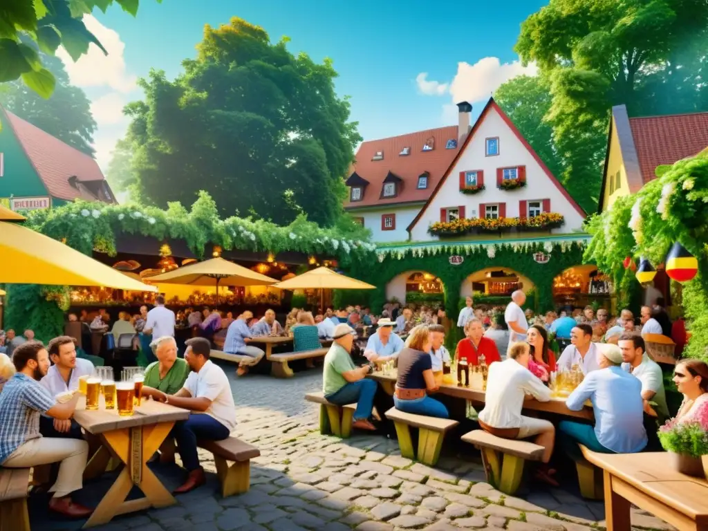 Una vibrante escena de un jardín de cerveza alemán, reflejando la diversidad y riqueza de la cultura cervecera y festivales en Alemania