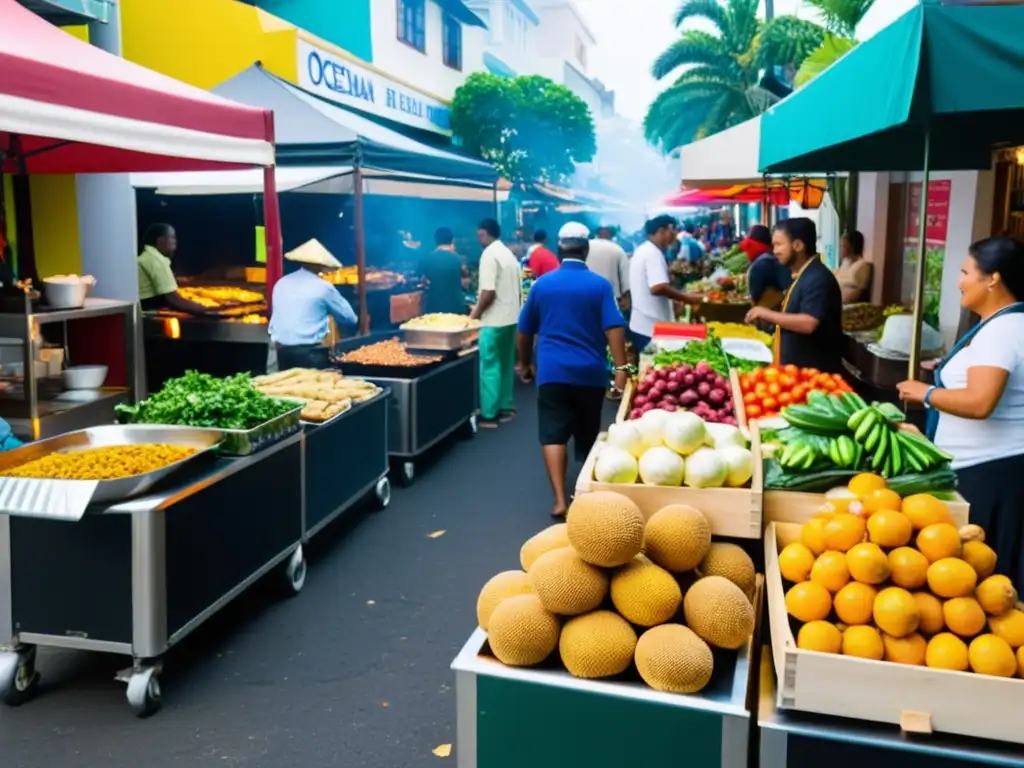 Vibrante escena de cocina callejera mundial tradiciones con puestos de comida, mar de colores y puesta de sol sobre el océano