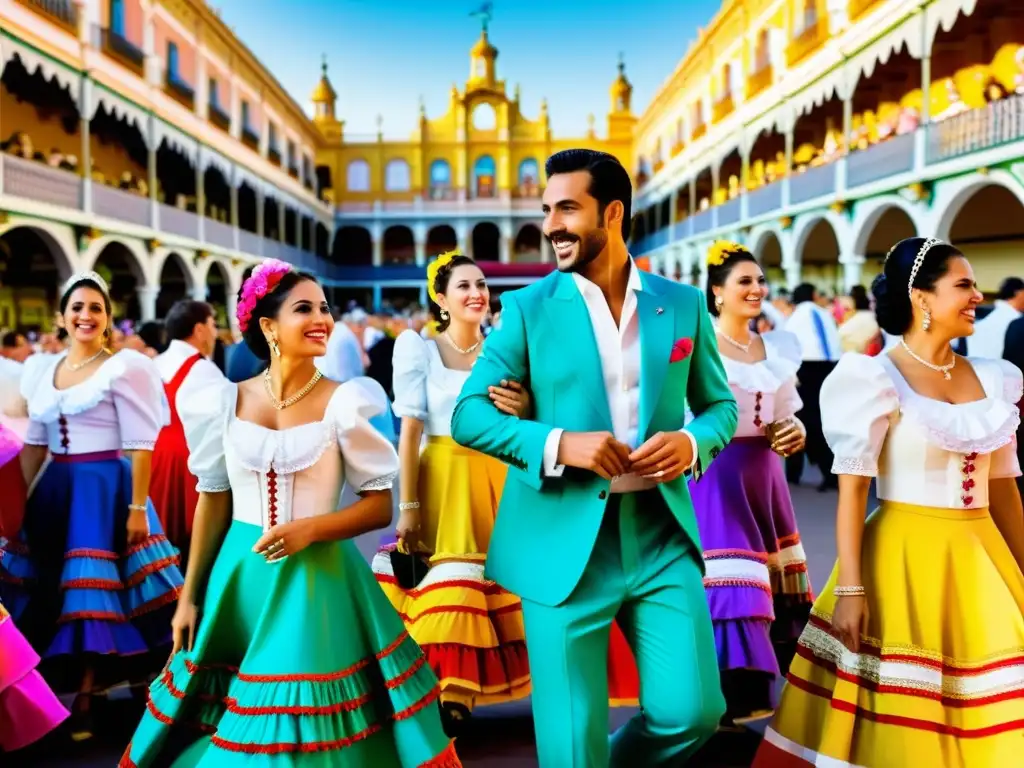 Vibrante escena de la Feria de Abril en Sevilla, con baile de Sevillanas y coloridas casetas