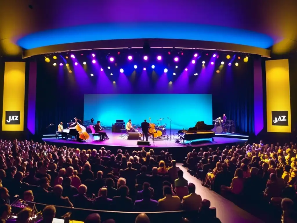 Vibrante escena del Festival de Jazz Montreux multicultural, con músicos apasionados, público diverso y los Alpes de fondo