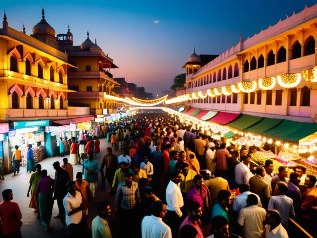 Vibrante escena de mercado durante Diwali en la India, capturando la rica significancia cultural y actividad económica