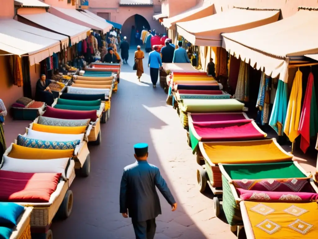 Vibrante escena de moda étnica en el bullicioso mercado de Marrakech, lleno de colores y energía local