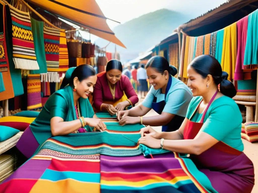 Una vibrante escena de moda étnica y colaboraciones con marcas, donde artesanos muestran sus tradiciones en un mercado lleno de color y autenticidad