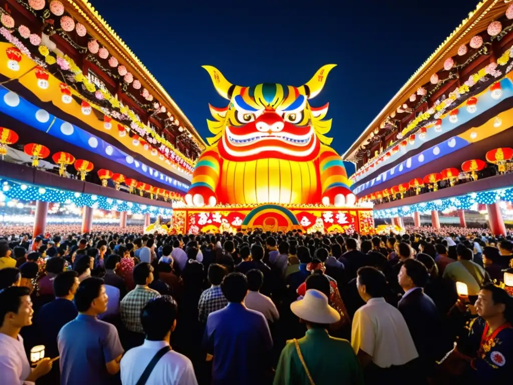 Vibrante escena nocturna del Festival Aomori Nebuta Matsuri Japón, con deslumbrantes carrozas iluminadas y multitud en yukatas