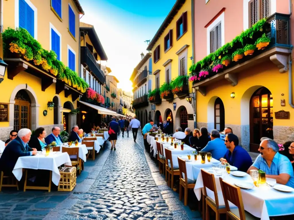 Vibrante escena de tapeo en España: calle empedrada llena de bares de tapas, gente riendo y disfrutando