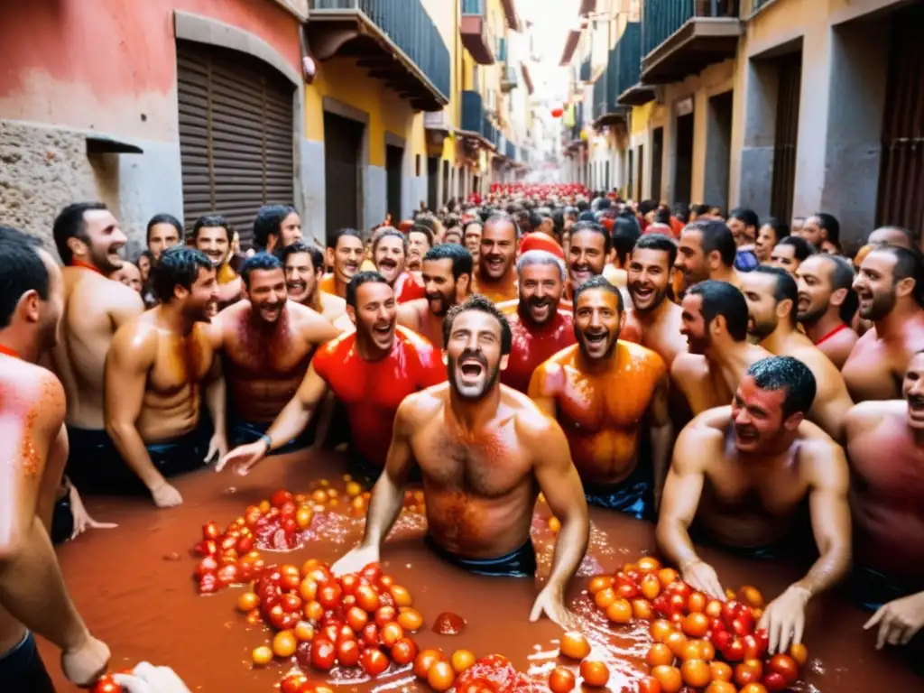 Vibrante escena de La Tomatina en España, con gente lanzando tomates en las calles estrechas de Buñol