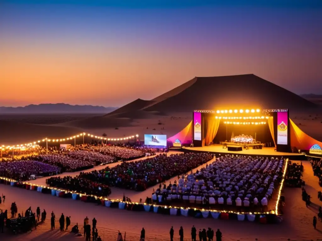 Vibrante escenario del Festival de Música del Sáhara, iluminado por luces coloridas, en el desierto al atardecer con músicos y bailarines saharauis