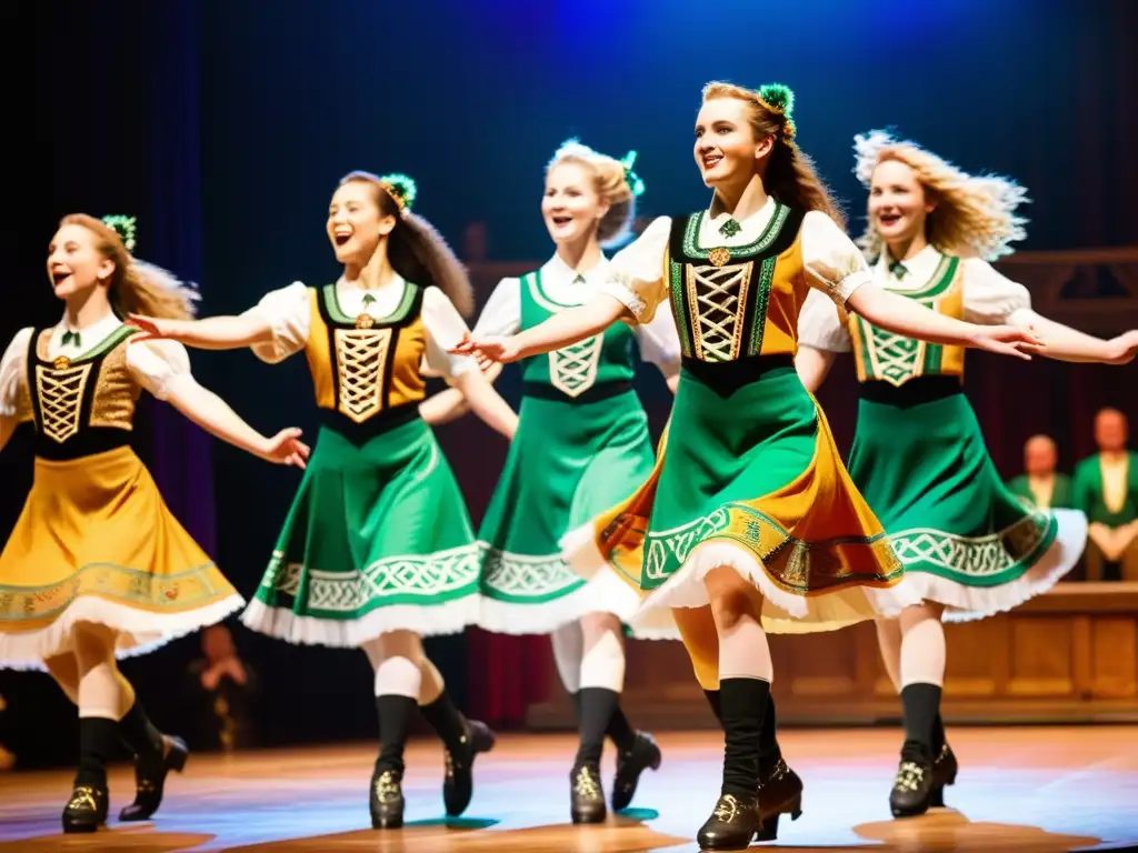 Un vibrante espectáculo de danza irlandesa tradicional, con trajes coloridos y patrones intrincados, música celta y una audiencia encantada