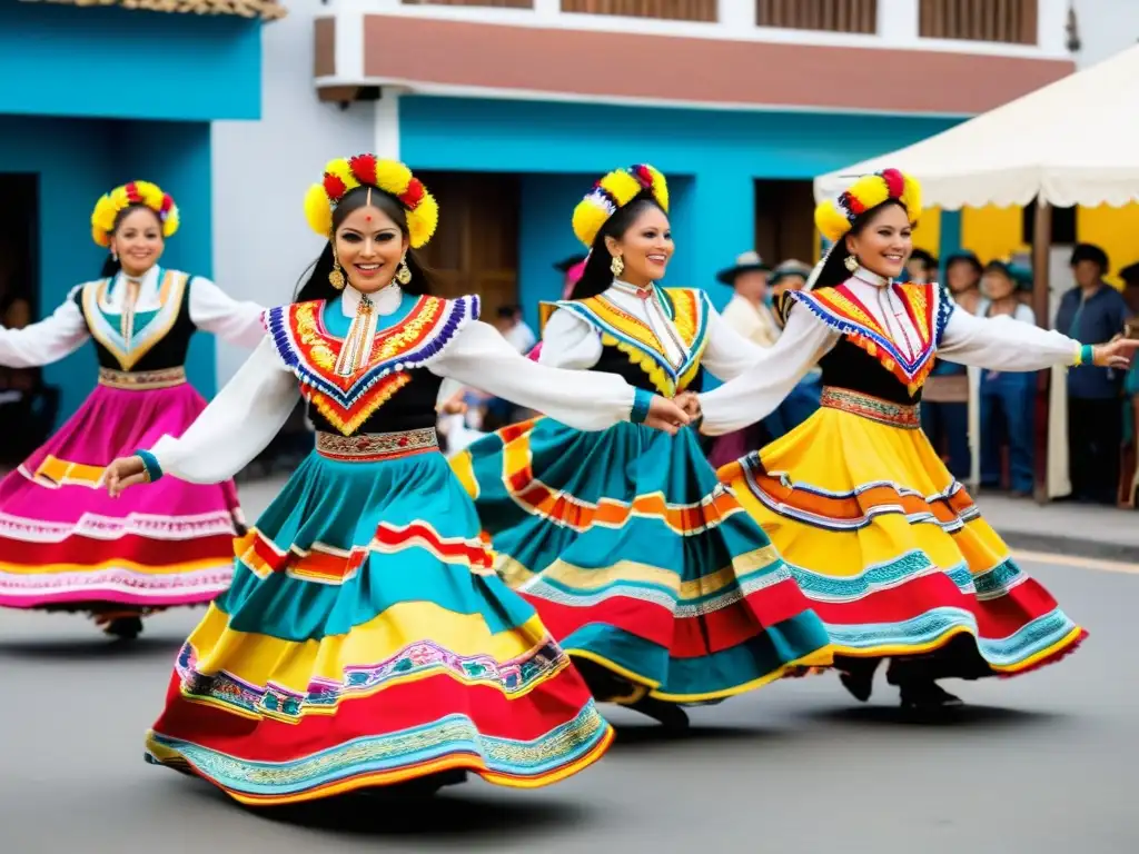 Un vibrante espectáculo de danza tradicional peruana en Lima, con trajes coloridos y patrones sincronizados