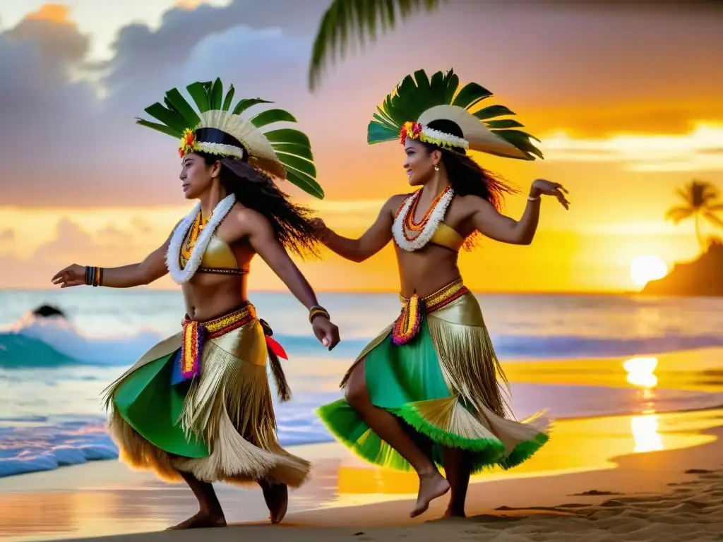 Un vibrante espectáculo de danza tradicional polinesia en la playa al atardecer, con trajes coloridos y energía festiva