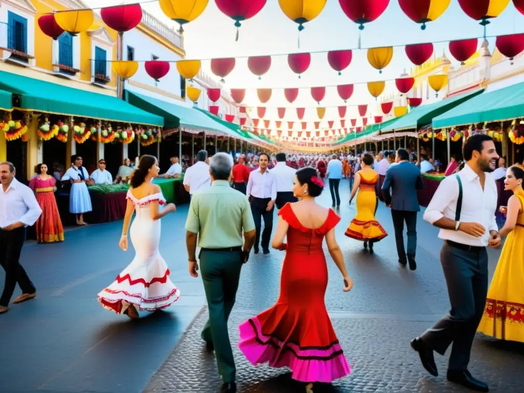 Vibrante Feria de Abril en Sevilla: tradición y cultura en las bulliciosas calles, con coloridos trajes de flamenco y alegría contagiosa