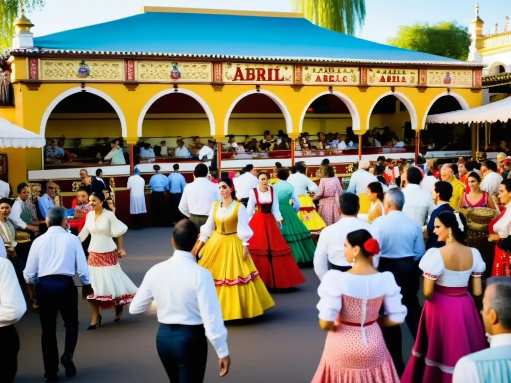 Vibrante Feria de Abril en Sevilla, con trajes flamencos, bailes, y casetas