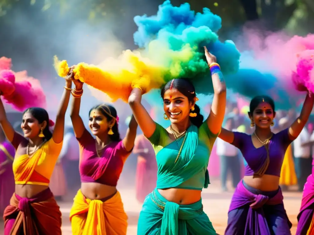 Un vibrante festival de arte étnico, con bailarines y colores brillantes en el Festival Holi de la India