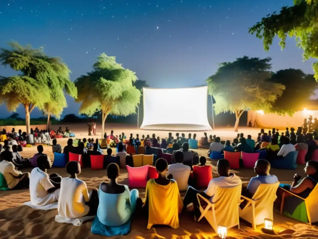 Vibrante festival de cine al aire libre en un pueblo de Senegal, con una pantalla improvisada y una atmósfera mágica bajo el cielo estrellado